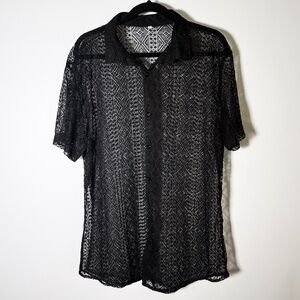 Geometric Lace Short Sleeve Button-Up Shirt - Black - Sheer Mens XXL